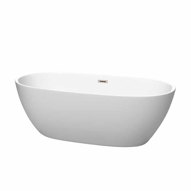 Juno 67" Freestanding Acrylic Matte White Bathtub With Brushed Nickel Trim No Faucet Top Front View