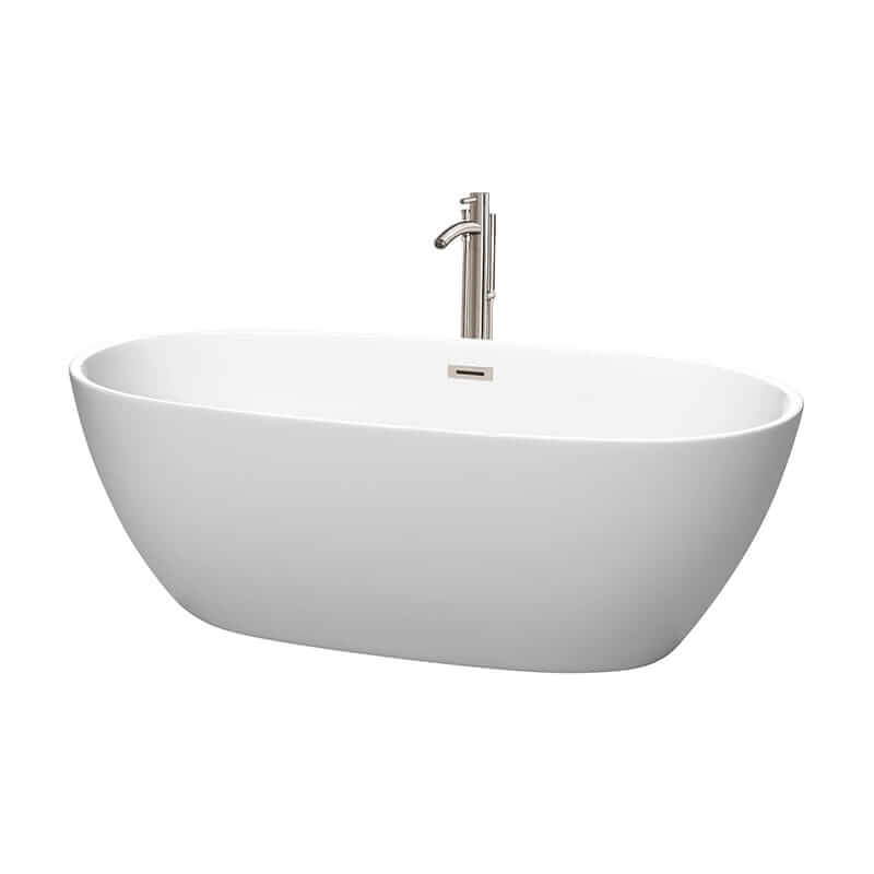 Juno 67" Freestanding Acrylic Matte White Bathtub With Brushed Nickel Trim Top Front View