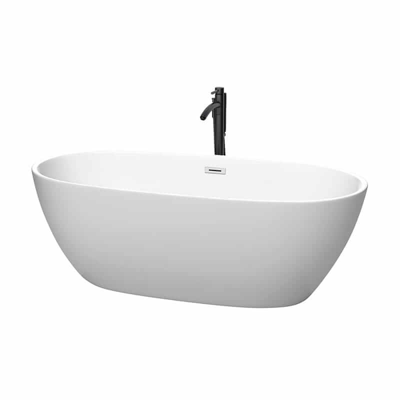 Juno 67" Freestanding Acrylic Matte White Bathtub With Polished Chrome Trim and Matte Black Faucet Top Front View
