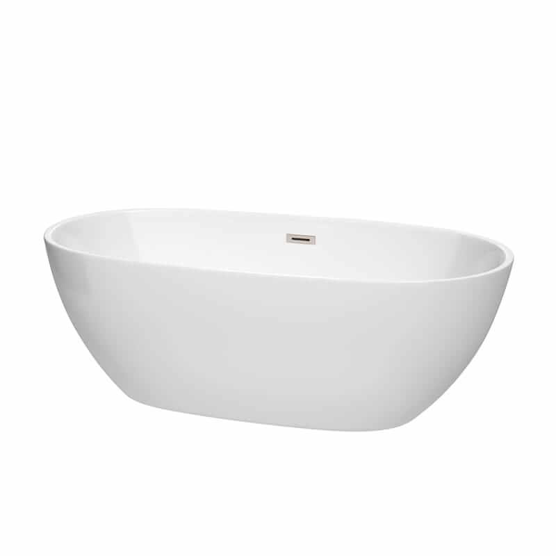 Juno 67" Freestanding Acrylic White Bathtub With Brushed Nickel Trim No Faucet Top Front View