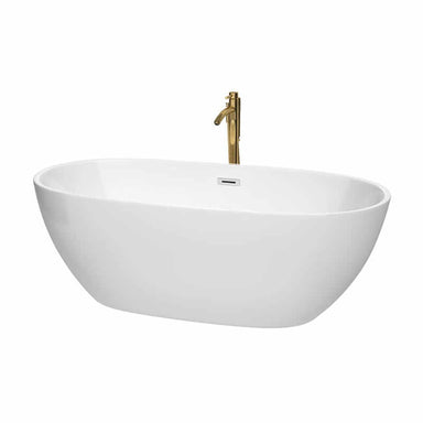 Juno 67" Freestanding Acrylic White Bathtub With Polished Chrome Trim and Brushed Gold Faucet Top Front View
