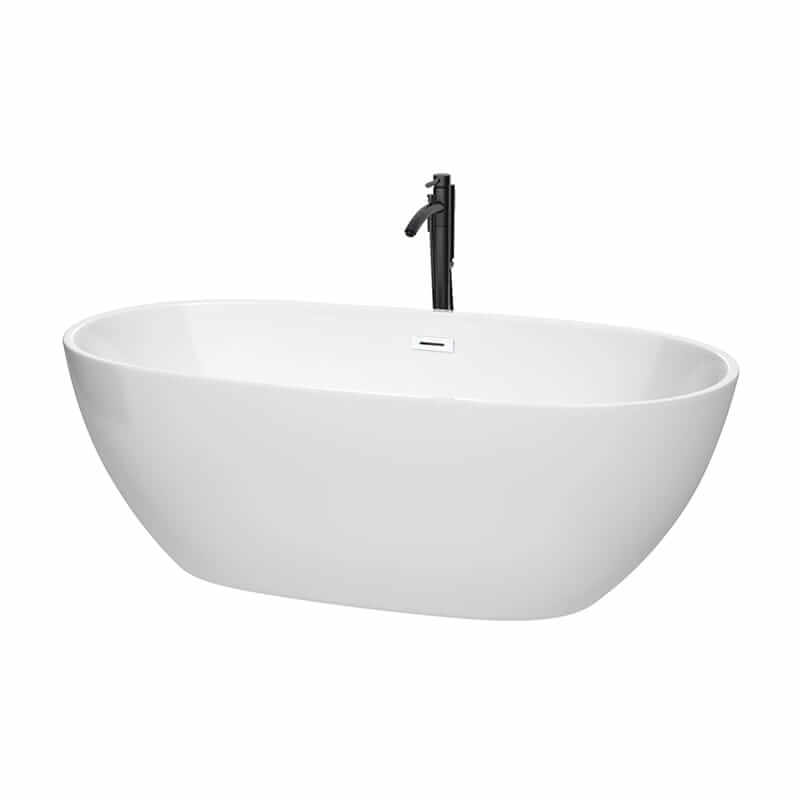 Juno 67" Freestanding Acrylic White Bathtub With Shiny White Trim and Matte Black Faucet Top Front View