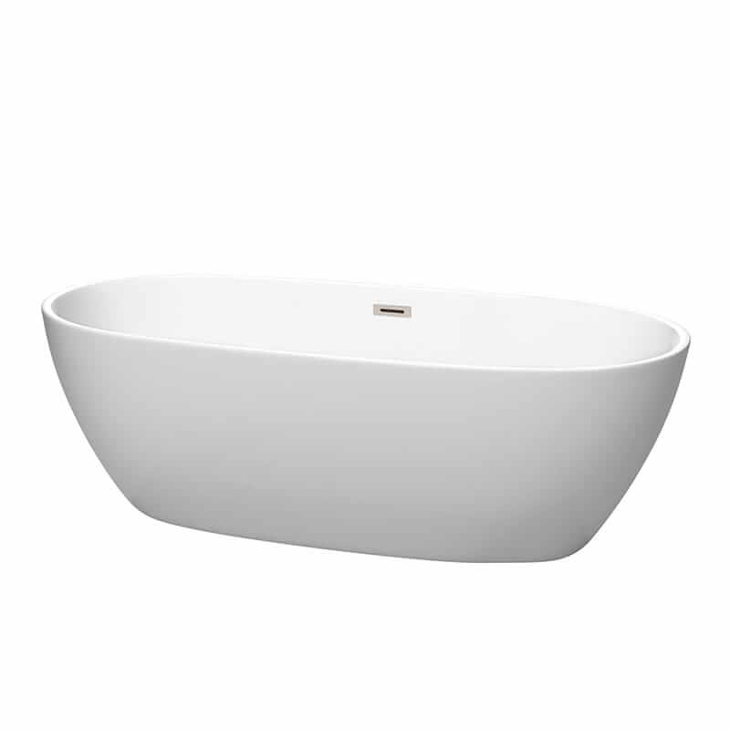 Juno 71" Freestanding Acrylic Matte White Bathtub With Brushed Nickel Trim No Faucet Top Front View