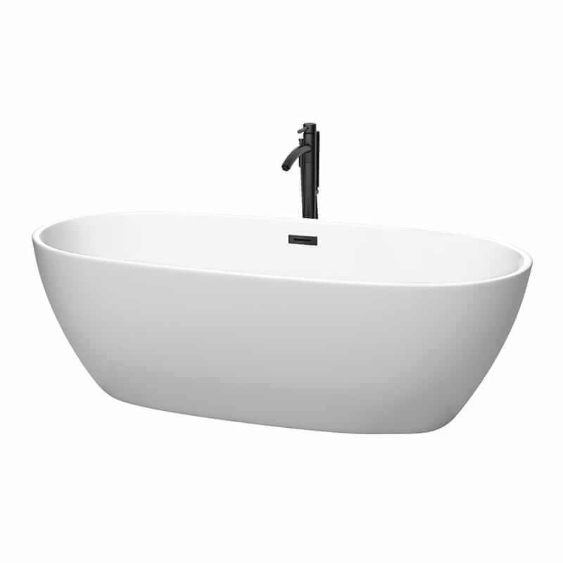 Juno 71" Freestanding Acrylic Matte White Bathtub With Matte Black Trim Top Front View