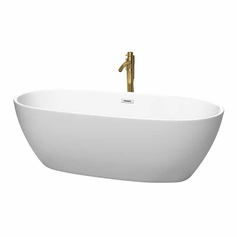 Juno 71" Freestanding Acrylic Matte White Bathtub With Polished Chrome Trim and Brushed Gold Faucet Top Front View
