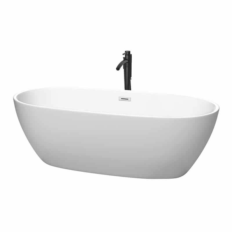 Juno 71" Freestanding Acrylic Matte White Bathtub With Polished Chrome Trim and Matte Black Faucet Top Front View