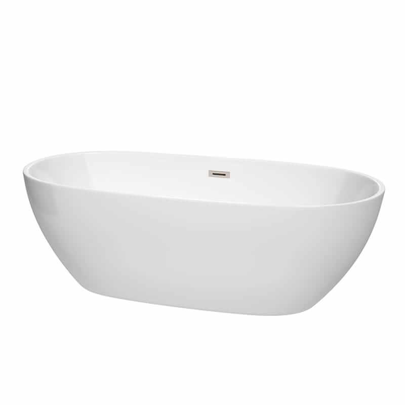 Juno 71" Freestanding Acrylic White Bathtub With Brushed Nickel Trim No Faucet Top Front View