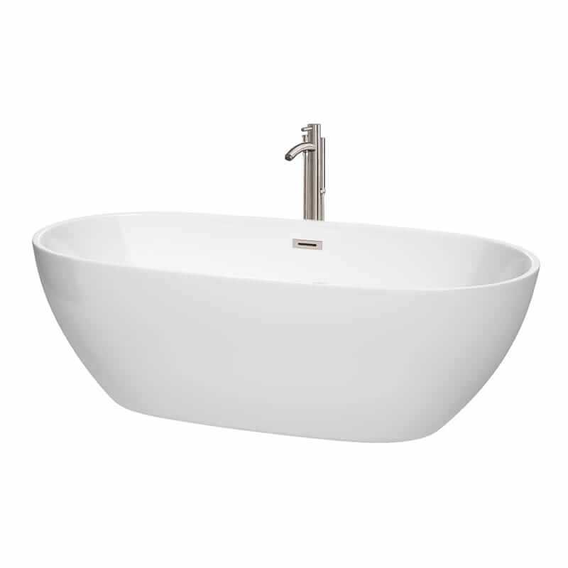 Juno 71" Freestanding Acrylic White Bathtub With Brushed Nickel Trim Top Front View