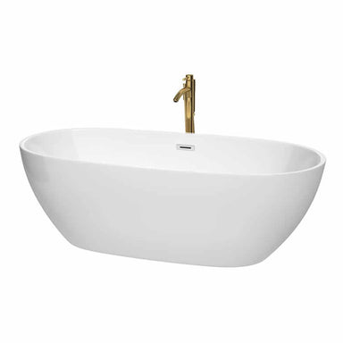 Juno 71" Freestanding Acrylic White Bathtub With Polished Chrome Trim and Brushed Gold Faucet Top Front View