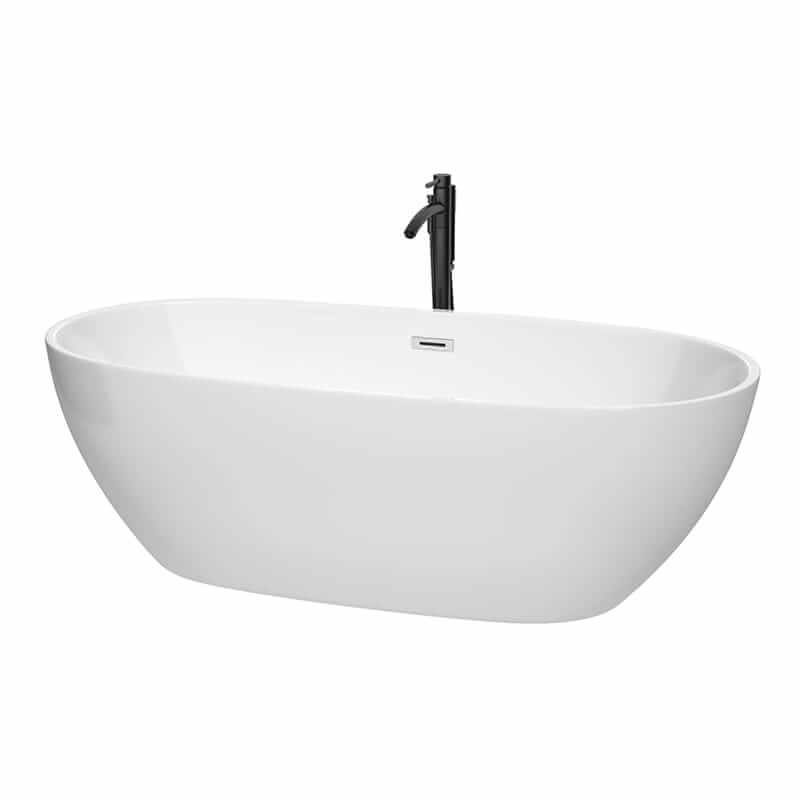 Juno 71" Freestanding Acrylic White Bathtub With Polished Chrome Trim and Matte Black Faucet Top Front View