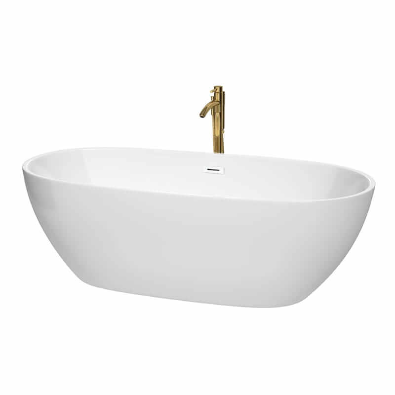 Juno 71" Freestanding Acrylic White Bathtub With Shiny White Trim and Brushed Gold Faucet Top Front View