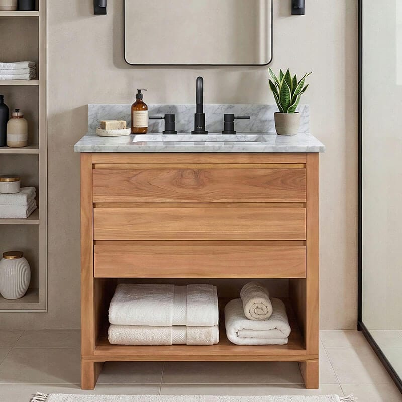 Kai 30 inch Single Sink Teak Bathroom Vanity Natural Teak in Carrara White Marble Front View