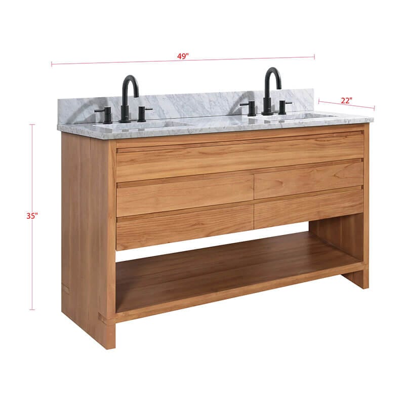 Kai 48 Double Sink Teak Bathroom Vanity Natural Teak in Carrara White Marble Dimension