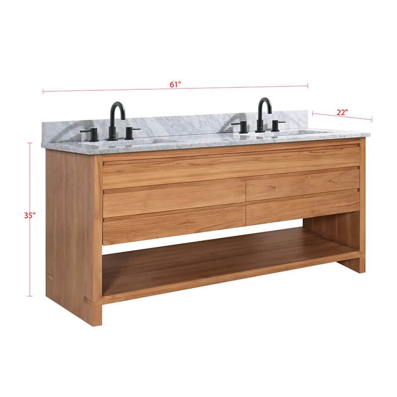 Kai 60 Double Sink Teak Bathroom Vanity Natural Teak in Carrara White Marble Dimension
