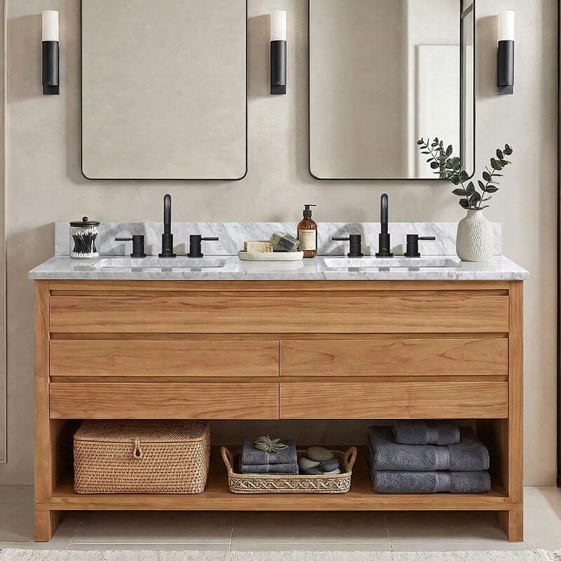 Kai 60 inch Double Sink Teak Bathroom Vanity Natural Teak in Carrara White Marble Front View