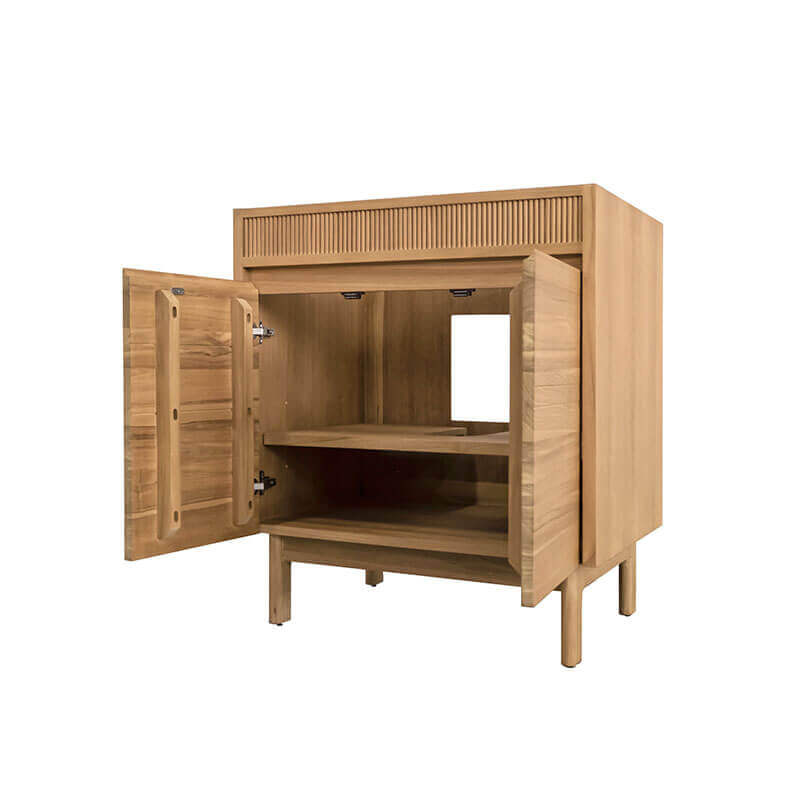 Kayla 30 inch Single Vanity Natural Teak Cabinet Only Corner View Open