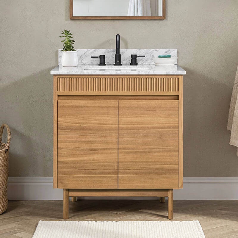 Kayla 30 inch Single Vanity Natural Teak in Carrara White Marble Front View