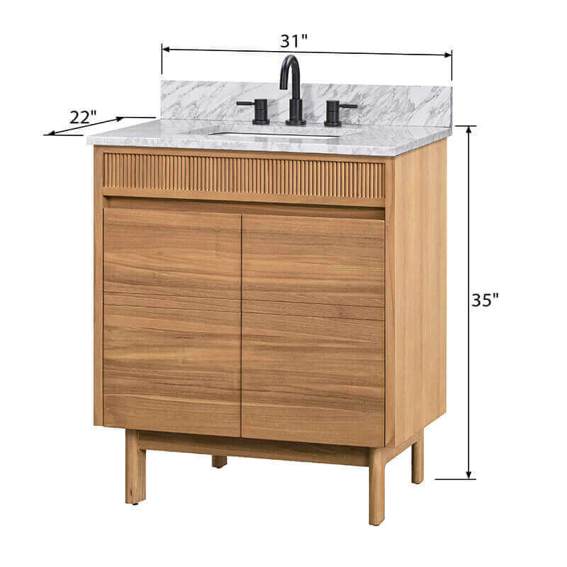Kayla 30 Single Vanity Natural Teak in Carrara White Marble Dimension