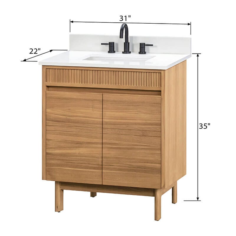 Kayla 30 Single Vanity Natural Teak in Cala White Engineered Stone Dimension