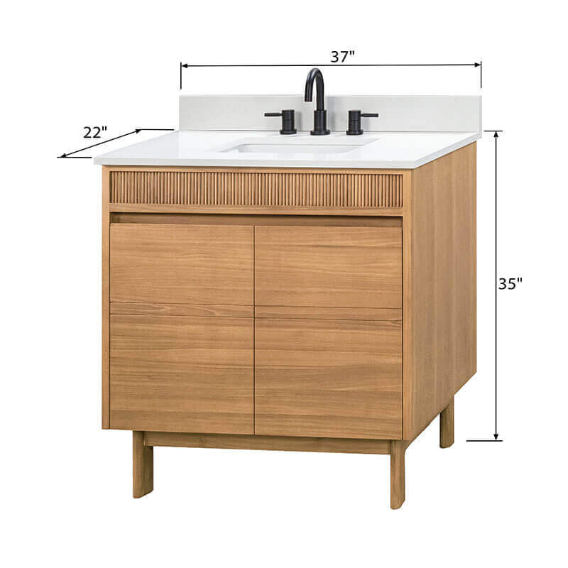 Kayla 36 inch Single Vanity Natural Teak in Cala White Engineered Stone Dimension