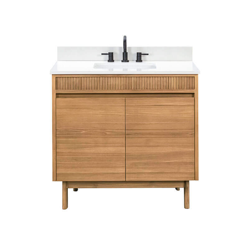 Kayla 36 Single Vanity Natural Teak in Cala White Engineered Stone Front View