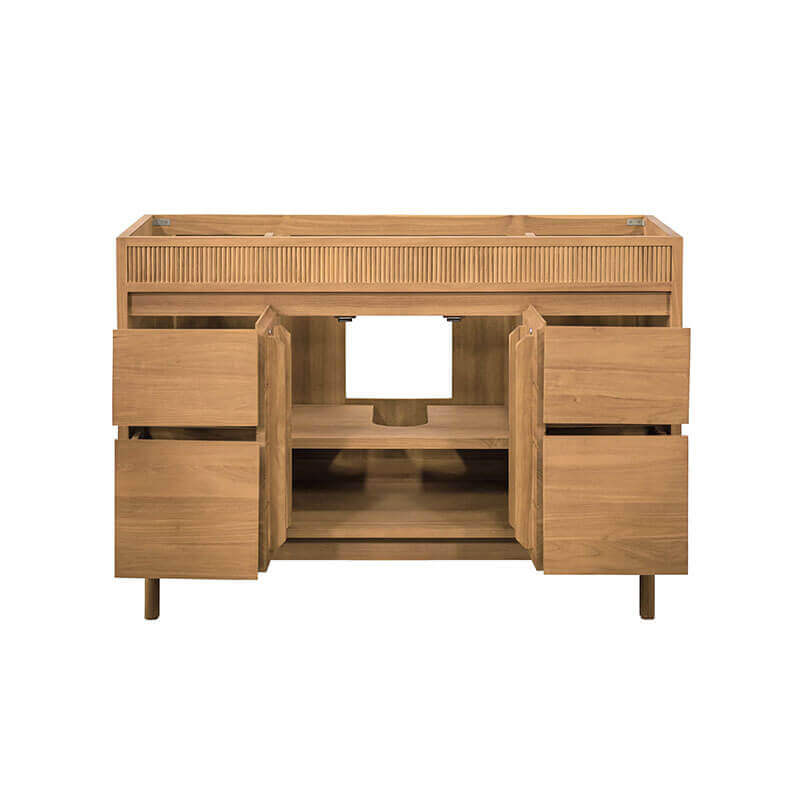 Kayla 48 inch Single Vanity Natural Teak Cabinet Only Front View Open