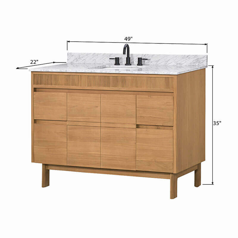 Kayla 48 Single Vanity Natural Teak in Carrara White Marble Dimension