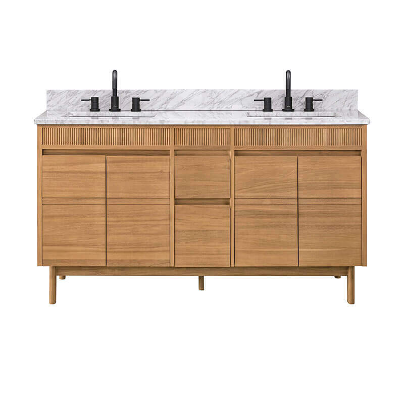 Kayla 60 Double Vanity Natural Teak in Carrara White Marble