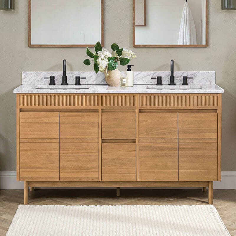 Kayla 60 inch Double Vanity Natural Teak in Carrara White Marble