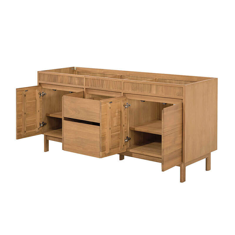 Kayla 72 Double Vanity Natural Teak Cabinet Only Open Drawer Corner View