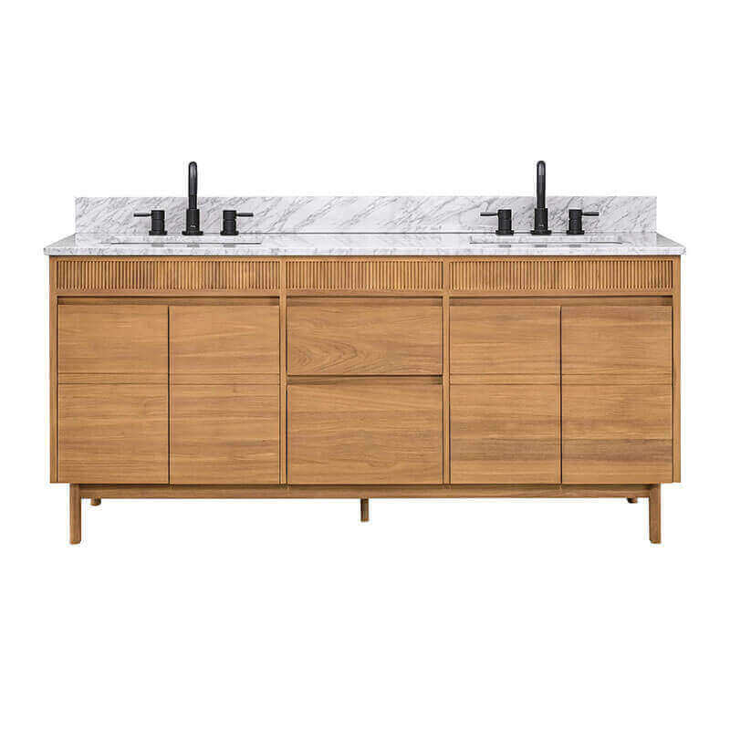 Kayla 72 Double Vanity Natural Teak Carrara White Marble Front View