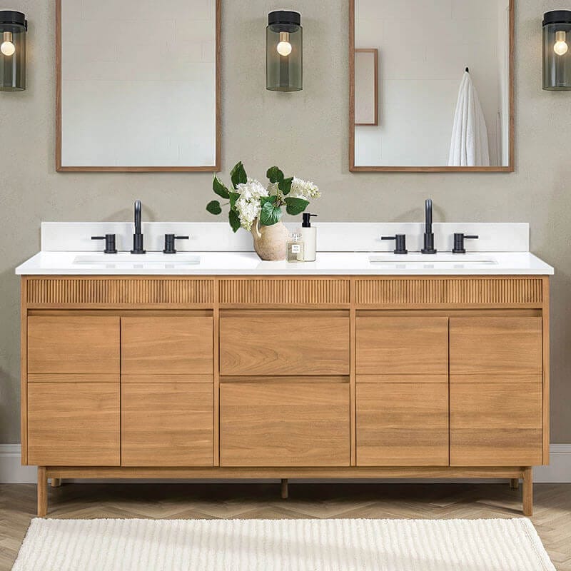 Kayla 72 Single Vanity Natural Teak Cala White Engineered Stone Front View
