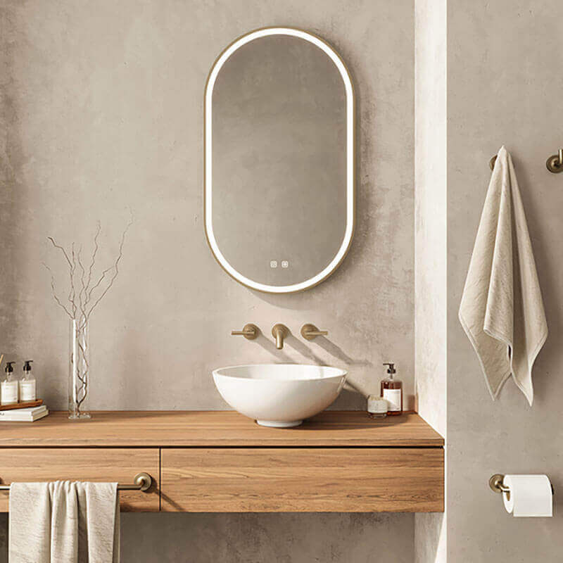 Kiara Led Mirror Brushed Bronze Front View Bathroom Set Up