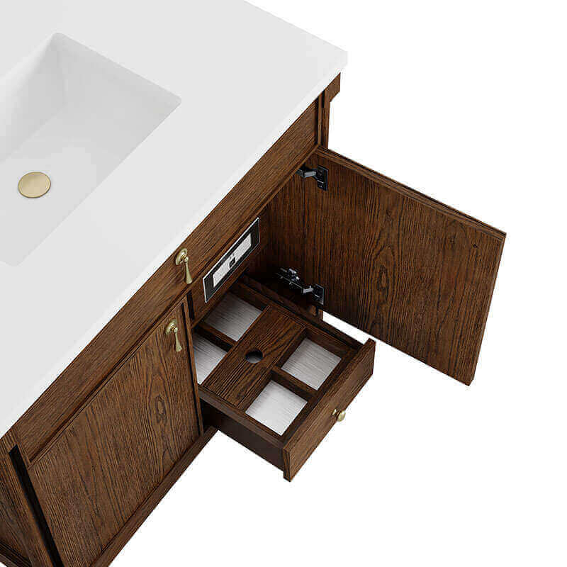 Kinnsden 36 Inch Single Vanity Sable Oak Open Drawer