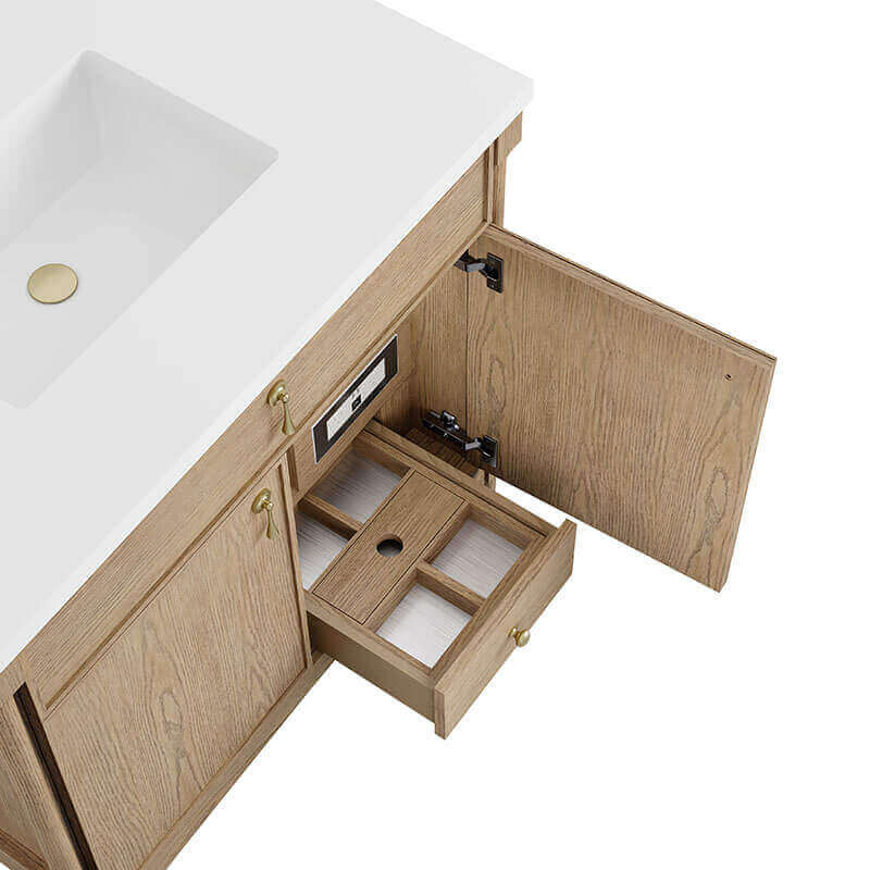 Kinnsden 36 Inch Single Vanity Weathered Oak Full-Extension Drawers