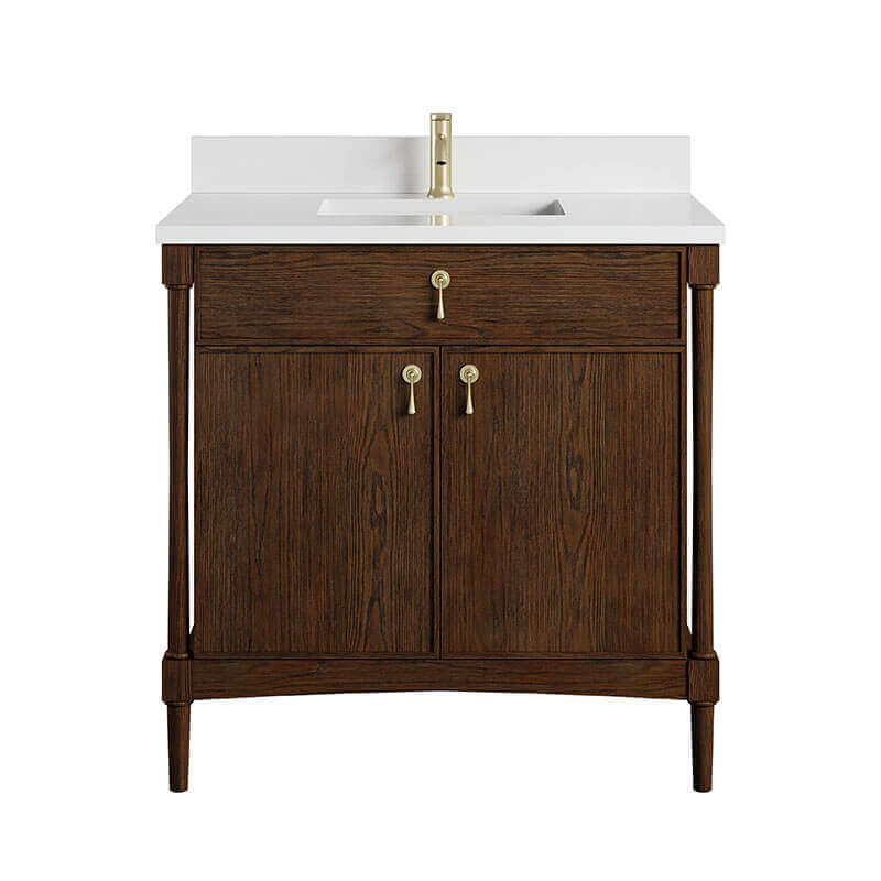 Kinnsden 36 Single Vanity Sable Oak in Single Hole Faucet White Zeus Silestone Top & Backsplash Front View