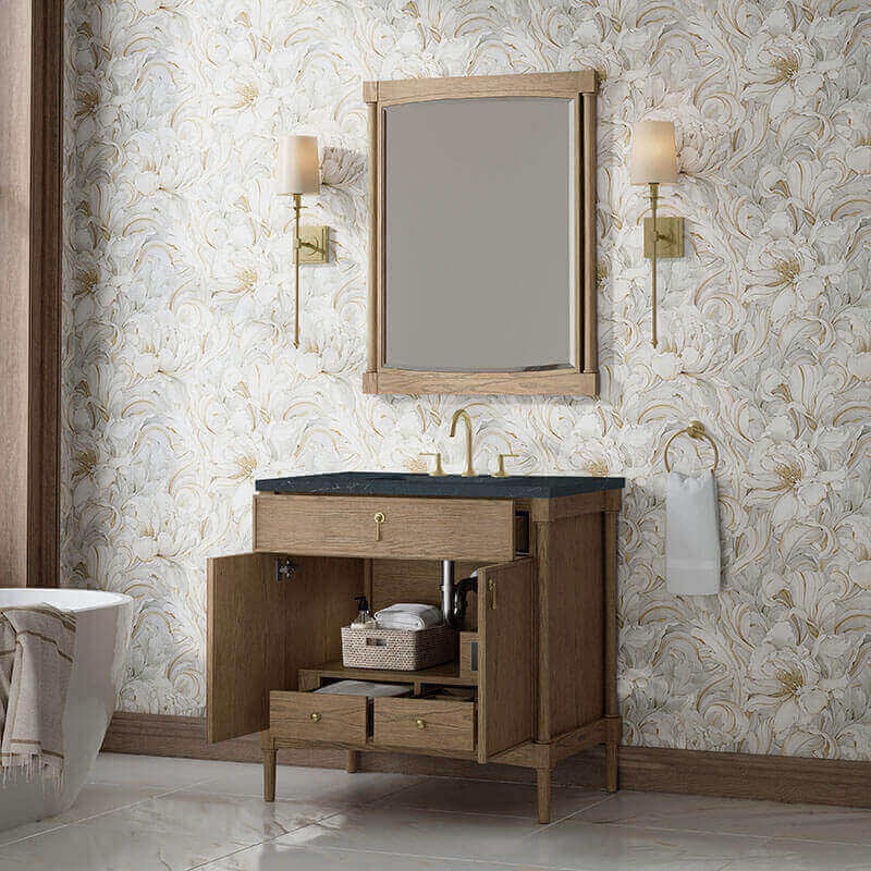 Kinnsden 36 Single Vanity Weathered Oak in Charcoal Soapstone Silestone Top Corner View Open Drawers