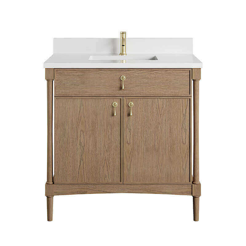 Kinnsden 36 Single Vanity Weathered Oak in Single Hole Faucet White Zeus Silestone Top & Backsplash