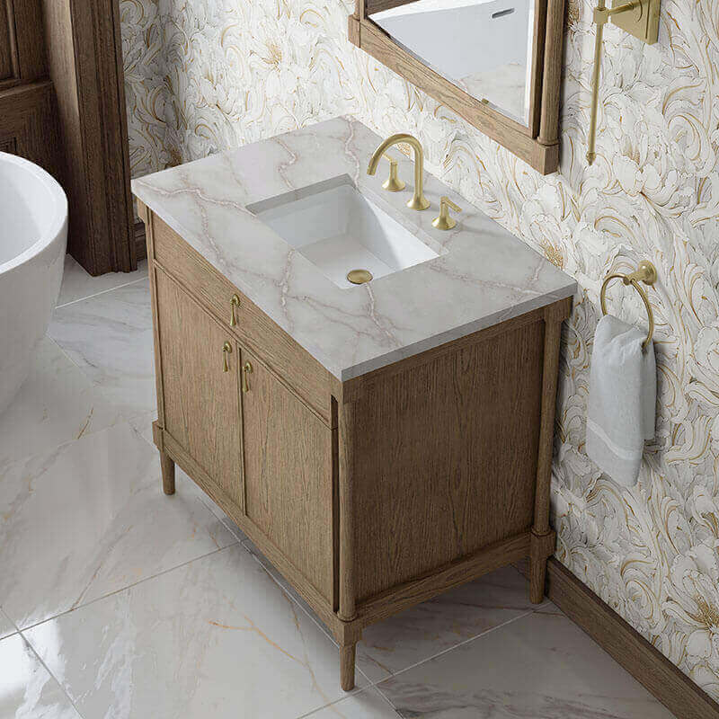 Kinnsden 36 Single Vanity Weathered Oak in Victorian Silver Silestone Top