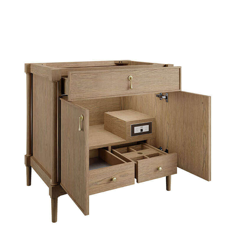 Kinnsden 36 Single Vanity Weathered Oak Open Drawers