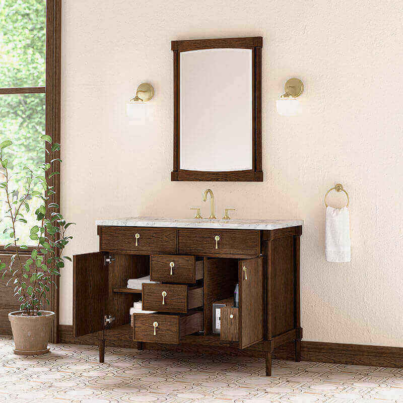 Kinnsden 48 Inch Single Vanity Sable Oak in Carrara Marble Top Corner View