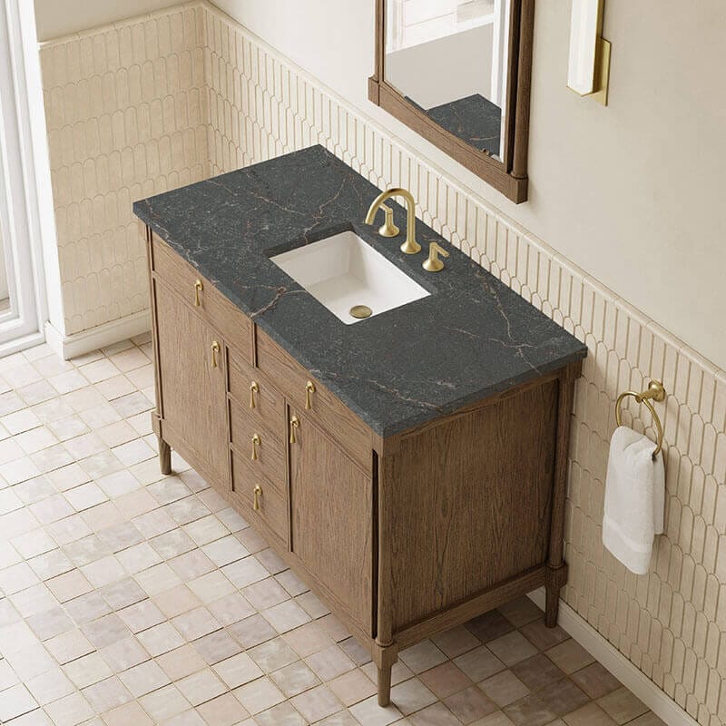 Kinnsden 48 Inch Single Vanity Weathered Oak in Parisien Bleu Silestone Top