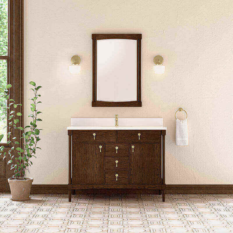 Kinnsden 48 Single Vanity Sable Oak in Single Hole Faucet White Zeus Silestone Top & Backsplash Front View