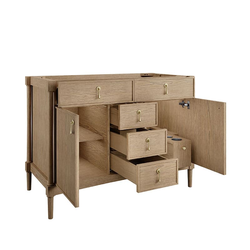 Kinnsden 48 Single Vanity Weathered Oak Cabinet Only Open Drawers