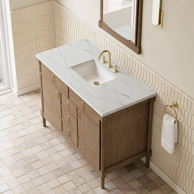 Kinnsden 48 Single Vanity Weathered Oak in Ethereal Noctis Top