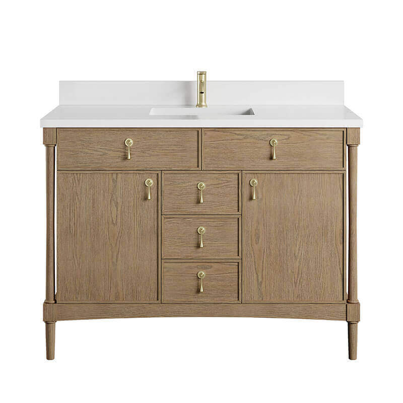 Kinnsden 48 Single Vanity Weathered Oak in Single Hole Faucet White Zeus Silestone Top & Backsplash
