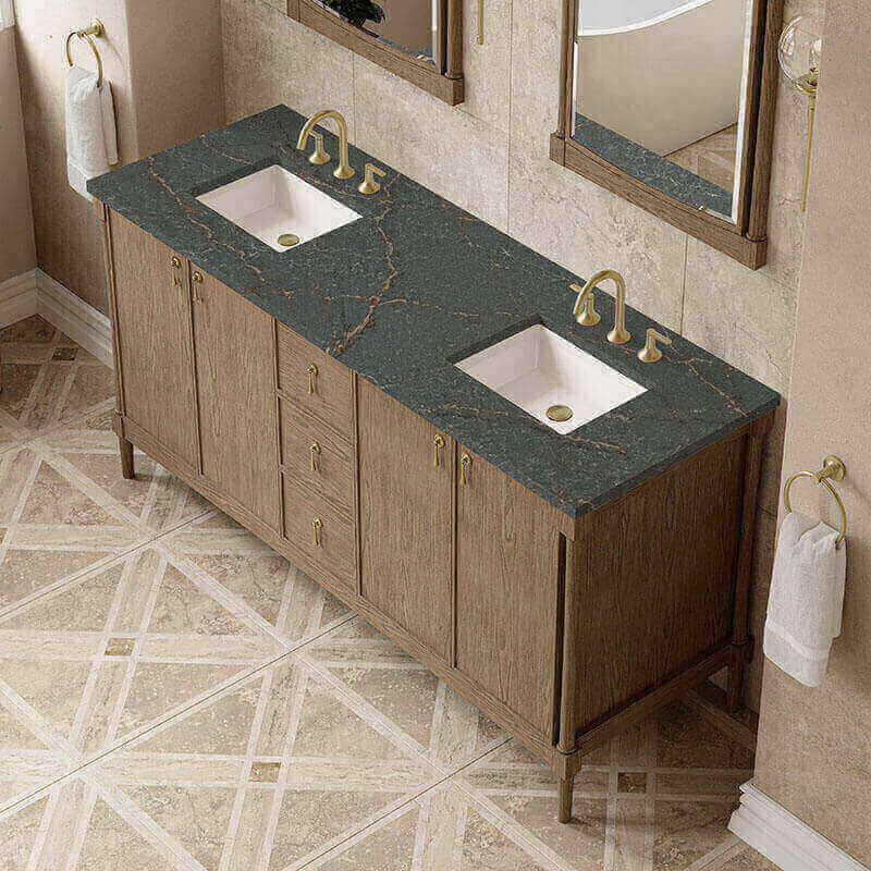 Kinnsden 72 Inch Single Vanity Weathered Oak in Parisien Bleu Silestone Top
