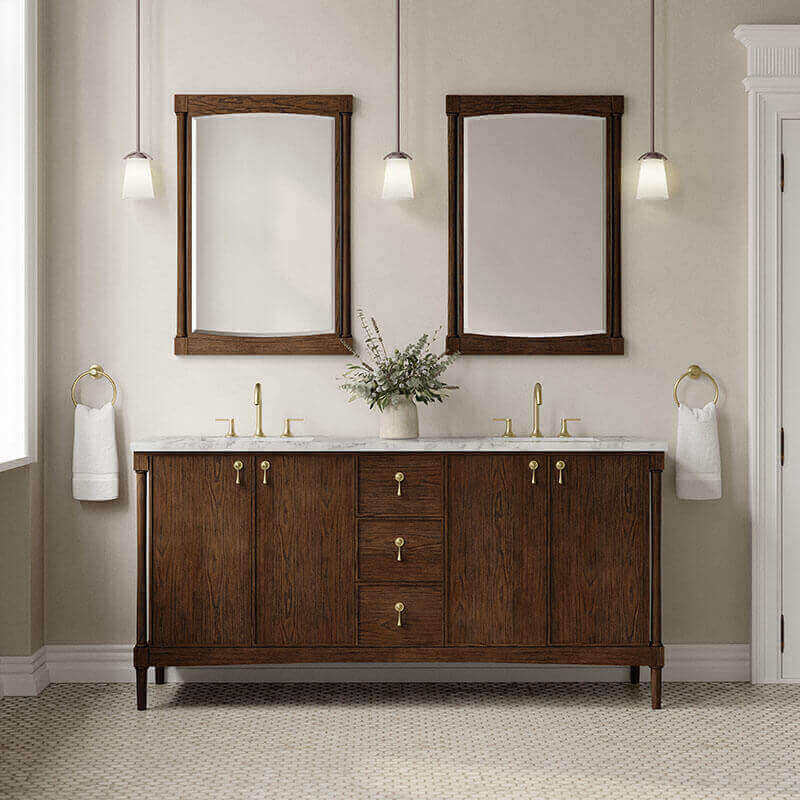 Kinnsden 72 Single Vanity Sable Oak in Carrara Marble Top Front View