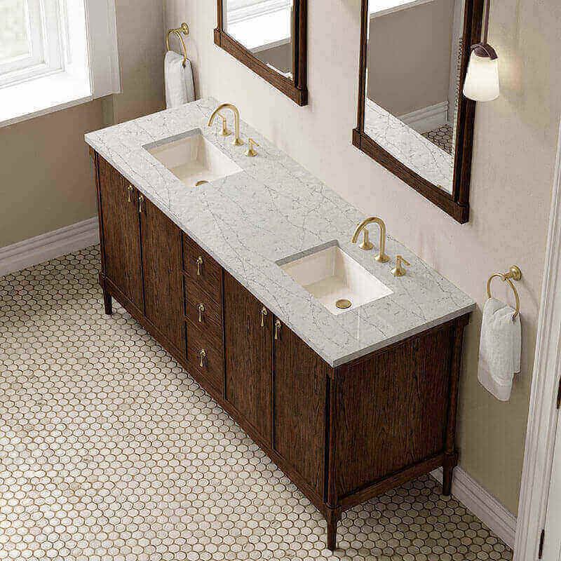 Kinnsden 72 Single Vanity Sable Oak in Eternal Jasmine Pearl Silestone Top