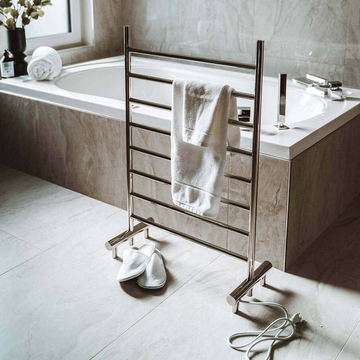 Kontour Camber 25 X 38 Inch Towel Warmer Side View Bathroom Set Up